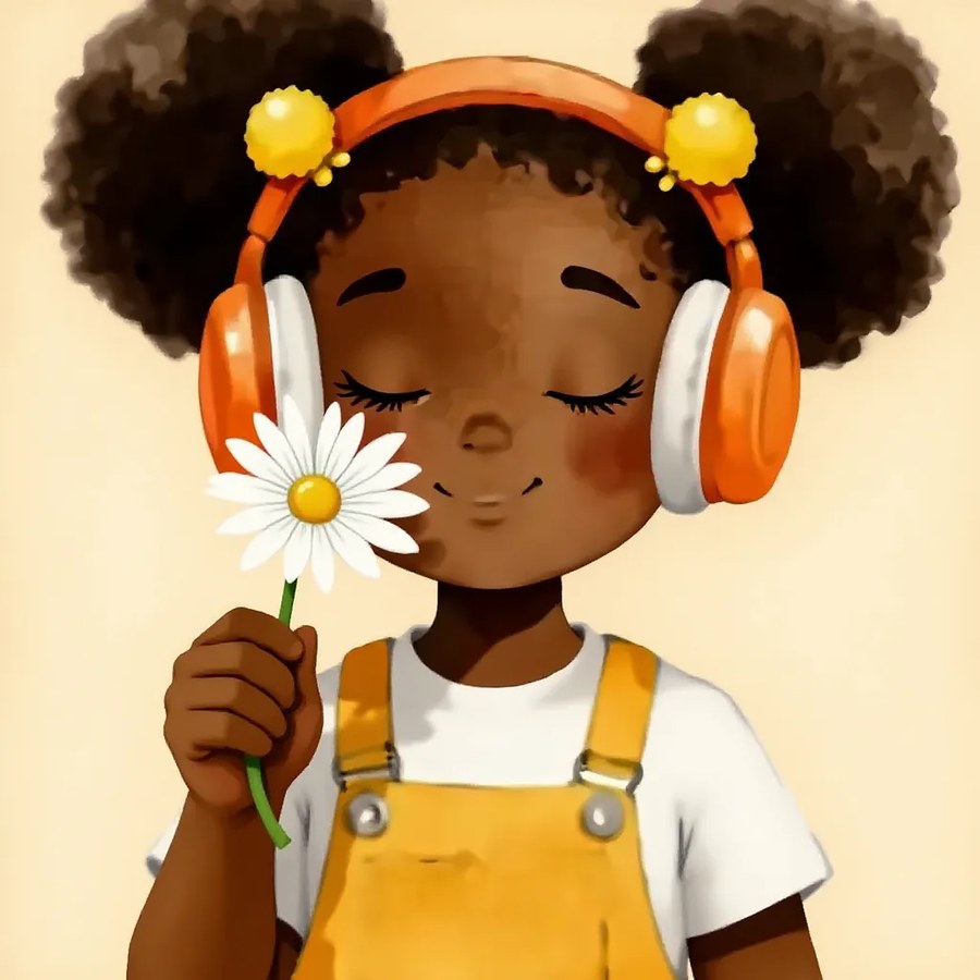 Zola, a young Black girl with two afro puffs and bright orange headphones, breathing calmly