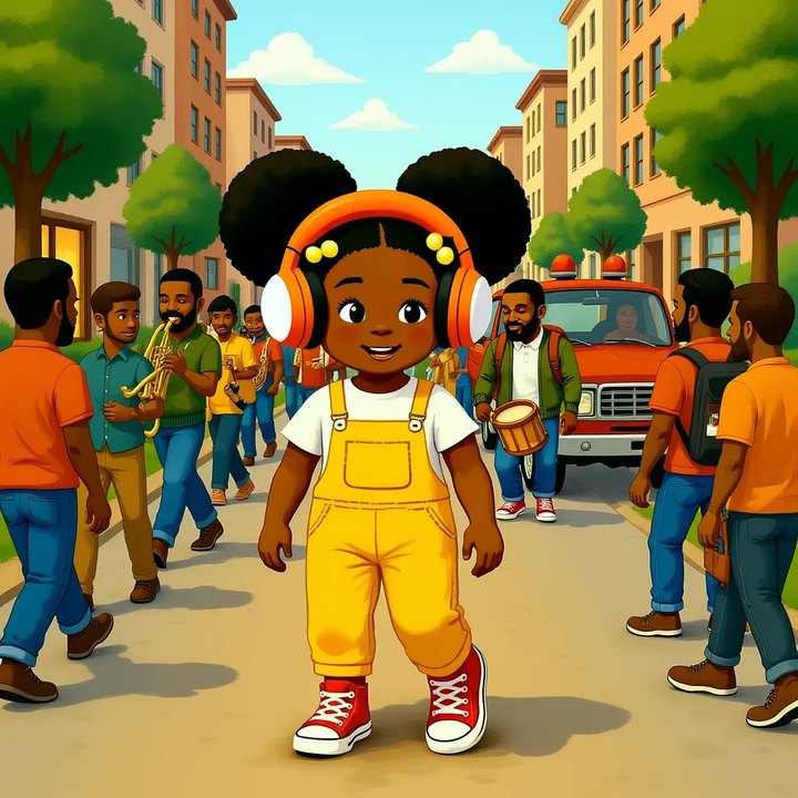 Zola watching a parade from a step back behind the crowd, wearing her orange earmuffs
