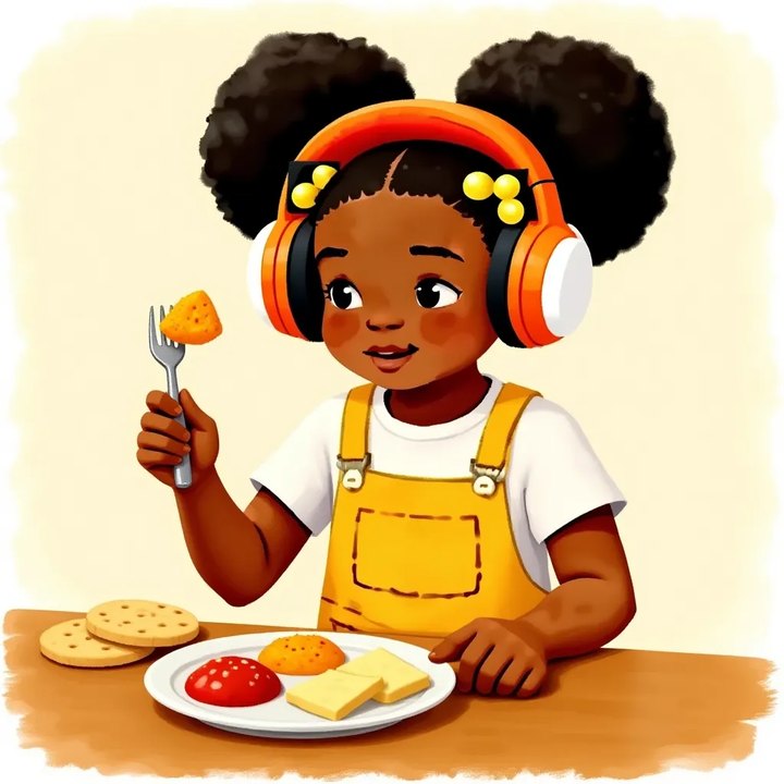 Zola holding up one small bite of orange sweet potato on a fork, looking brave