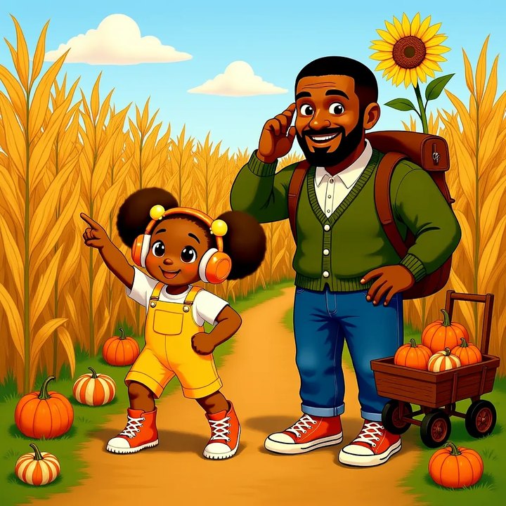 Zola pointing the way through a tall corn maze past a wagon of pumpkins while her dad scratches his head