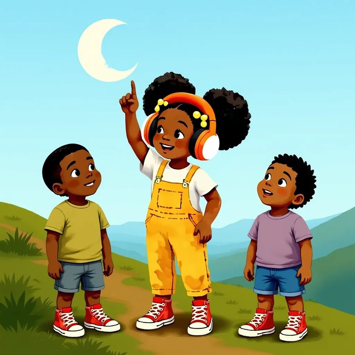 Zola pointing up at the pale daytime moon while other children follow her gaze