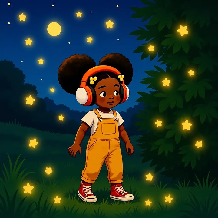 Zola standing very still at dusk beside a hedge, watching small lights rise from the grass