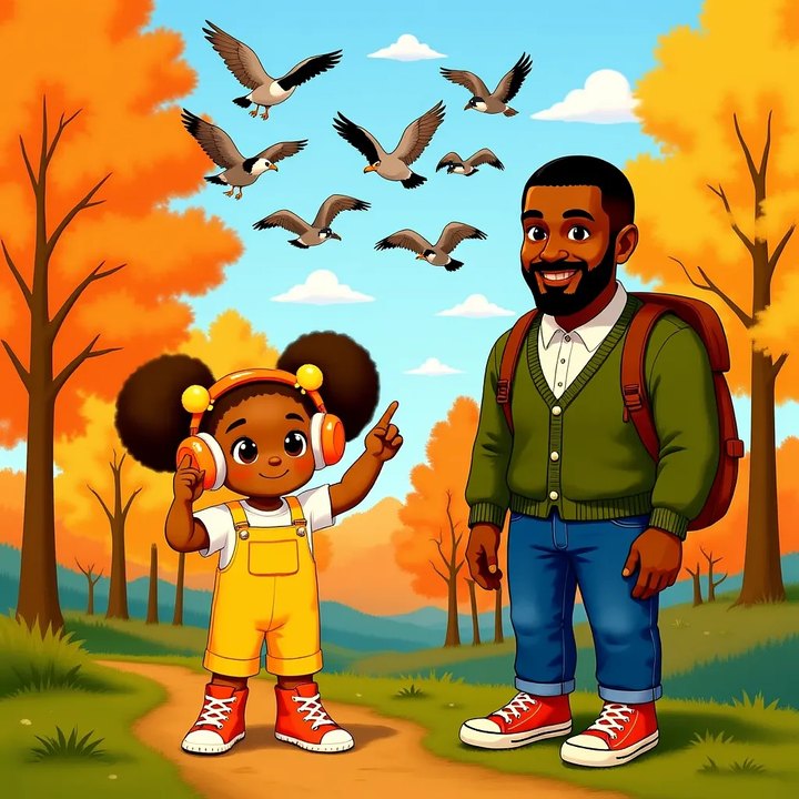 Zola pointing up at a flock of geese flying over autumn trees, one hand on her headphones, while her dad stands beside her