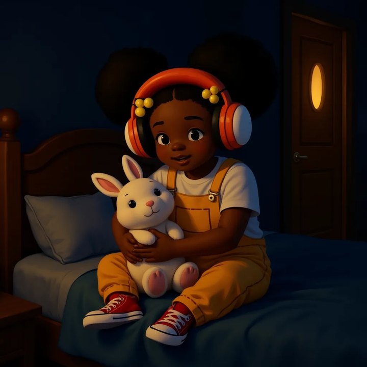 Zola sitting up awake in a dark hotel room hugging her bunny, listening to a noise
