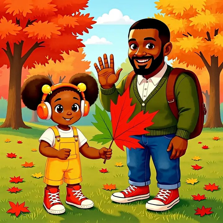 Zola holding up a big maple leaf, part green and part red, in an autumn park while her dad waves beside her