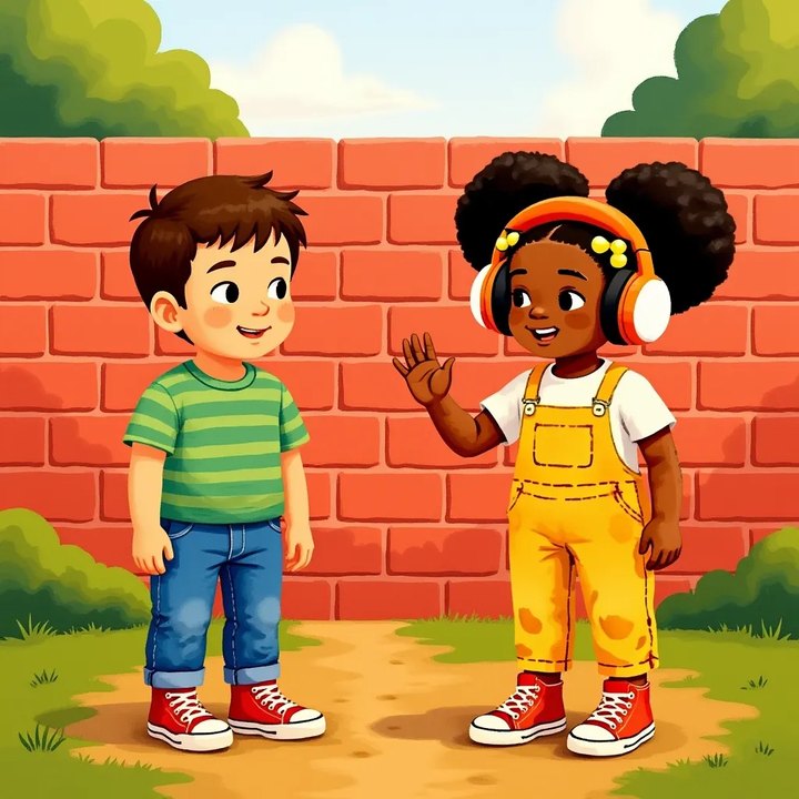 Zola standing a friendly distance from a new boy alone by a wall, giving a small wave