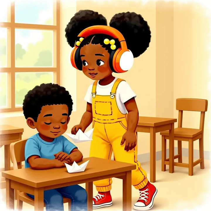 Zola quietly leaving a folded paper bird on the desk of a classmate resting their head