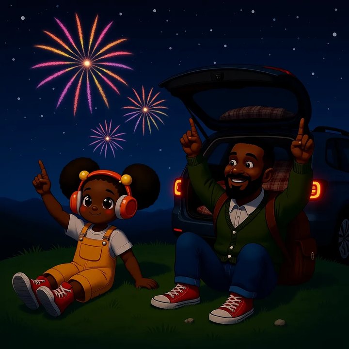 Zola and her dad sitting on a grassy hilltop at night, pointing up at fireworks far away, their family car parked behind them with its back door open