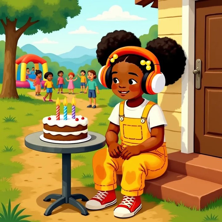 Zola sitting happily alone at a small shady table with cake, the busy party behind her