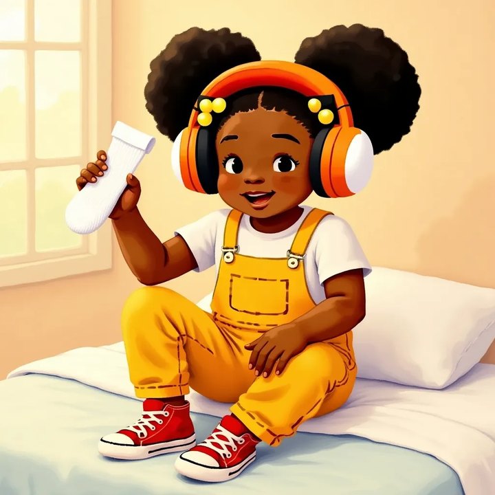Zola sitting on her bed holding up an inside-out sock, explaining the seam