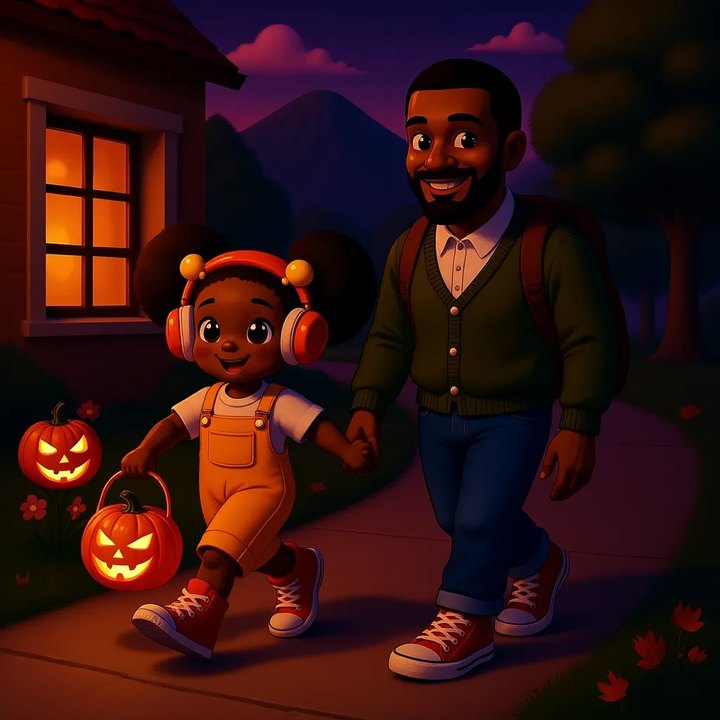 Zola and her dad walking hand in hand at dusk past glowing jack-o'-lanterns, a candy bucket in her hand